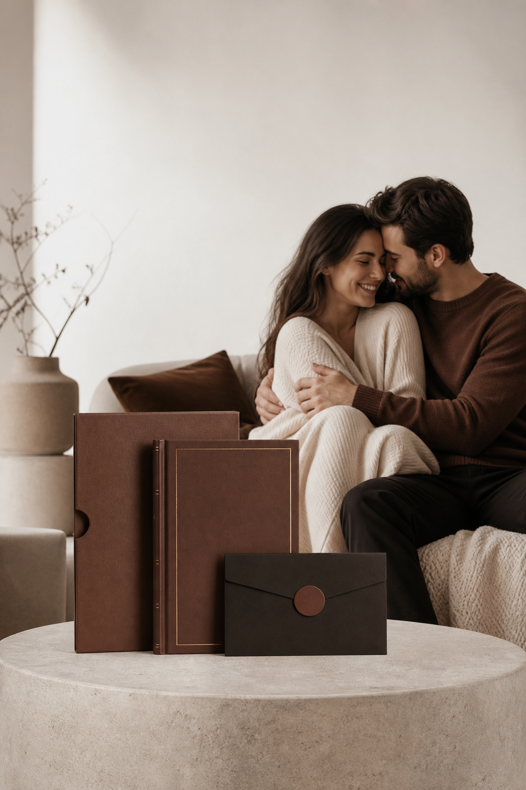material do produto e casal em clima acolhedor